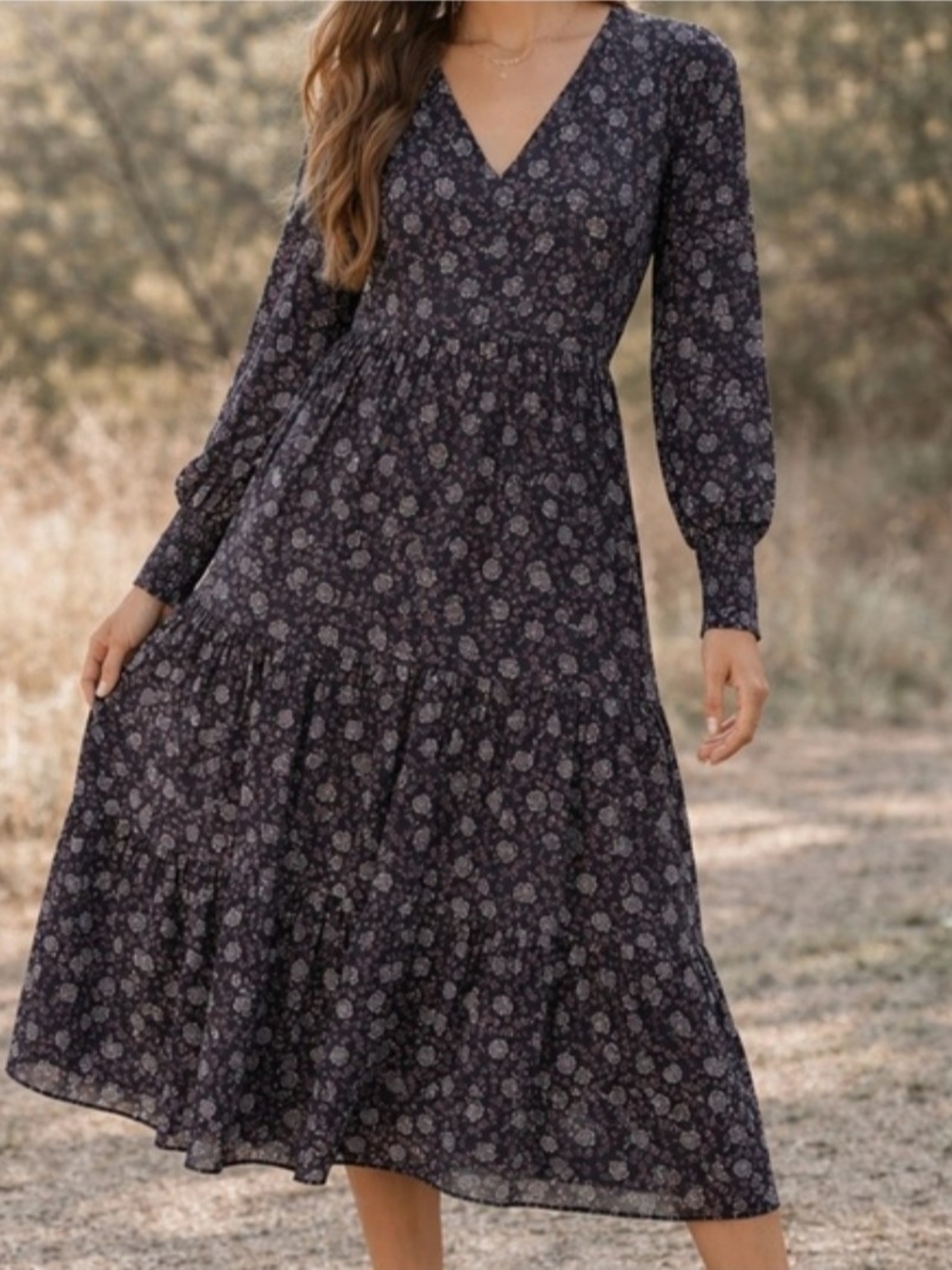 Madewell Enchanted Floral Long Sleeve Georgette V-Neck Tiered Midi Dress NWT